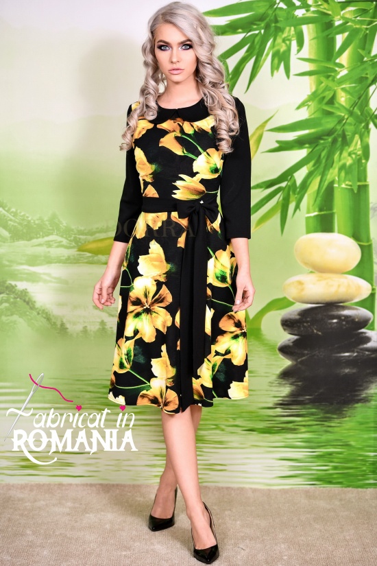 Rochie Ioana cu imprimeu floral, guler si cordon